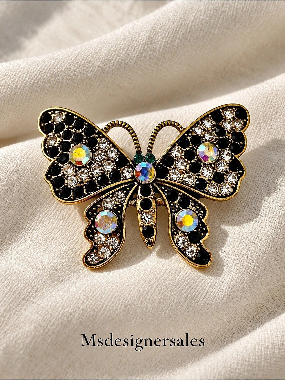 Rhinestone Butterfly Brooch in Black & Gold Like New 226